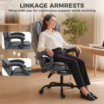 High-Back Executive Home Office Chair, PU Leather Computer Desk Chair with 360 Degree Swivel, Reclining Function, Retractable Footrest and Adjustable Height, Grey