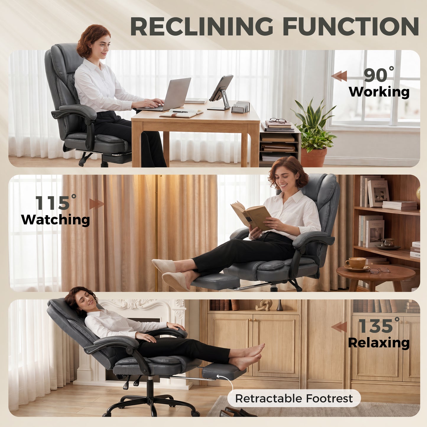 High-Back Executive Home Office Chair, PU Leather Computer Desk Chair with 360 Degree Swivel, Reclining Function, Retractable Footrest and Adjustable Height, Grey