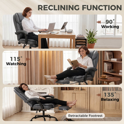 High-Back Executive Home Office Chair, PU Leather Computer Desk Chair with 360 Degree Swivel, Reclining Function, Retractable Footrest and Adjustable Height, Grey
