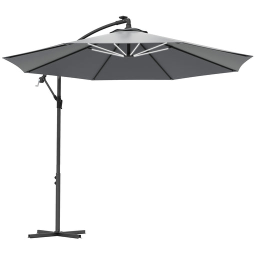 3(m) LED Patio Banana Umbrella Cantilever Parasol w/ Crank, Grey