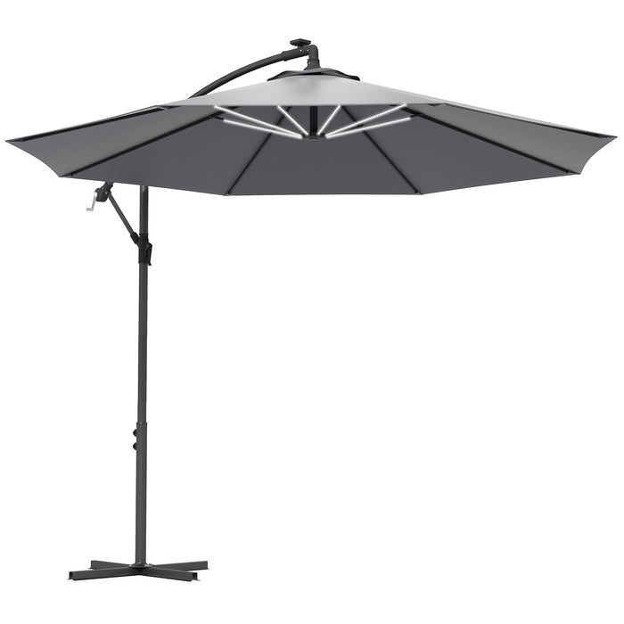 3(m) LED Patio Banana Umbrella Cantilever Parasol w/ Crank, Grey