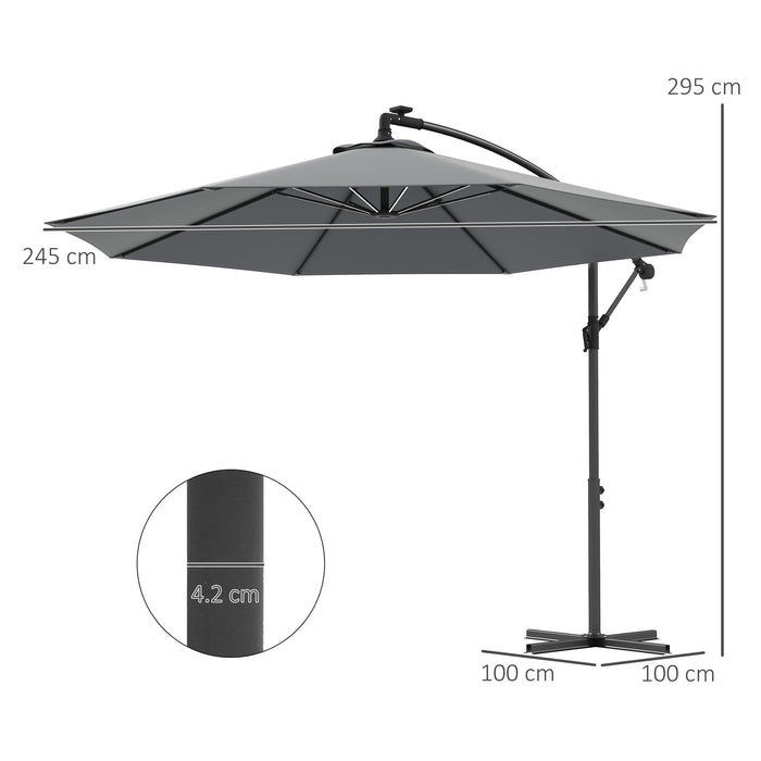 3(m) LED Patio Banana Umbrella Cantilever Parasol w/ Crank, Grey