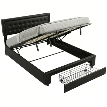 Upholstered Bed Frame with Storage Drawer and Adjustable Headboard, 5ft King Size Ottoman Bed with Gas Lift End Opening, Wooden Slats, No Mattress, Black