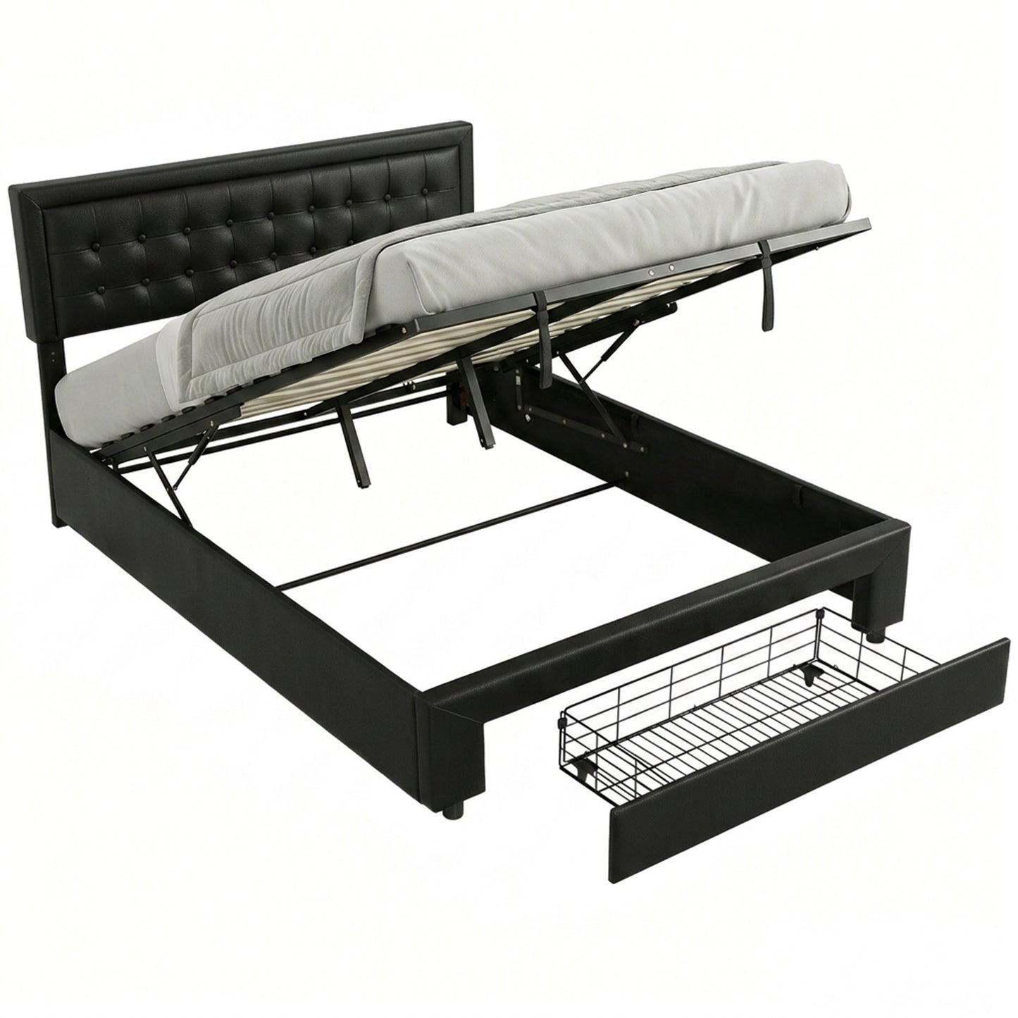 Upholstered Ottoman Bed with Storage Drawer and Adjustable Headboard, 5ft King Size Bed Frame with Gas Lift End Opening, Wooden Slats, No Mattress, Black