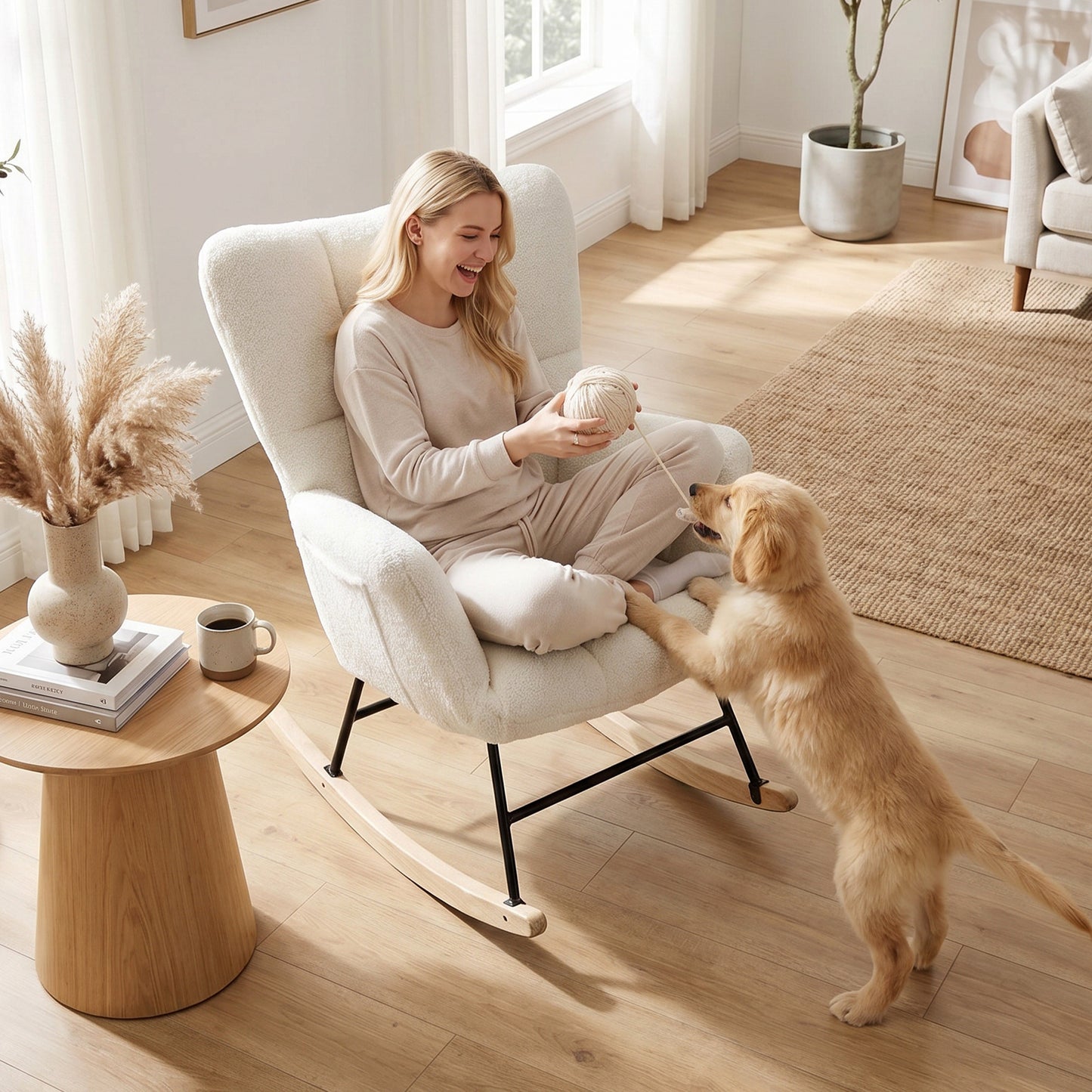 Tufted Rocking Chair with Side Pockets, Cream White