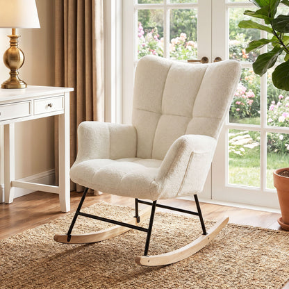 Tufted Rocking Chair with Side Pockets, Cream White