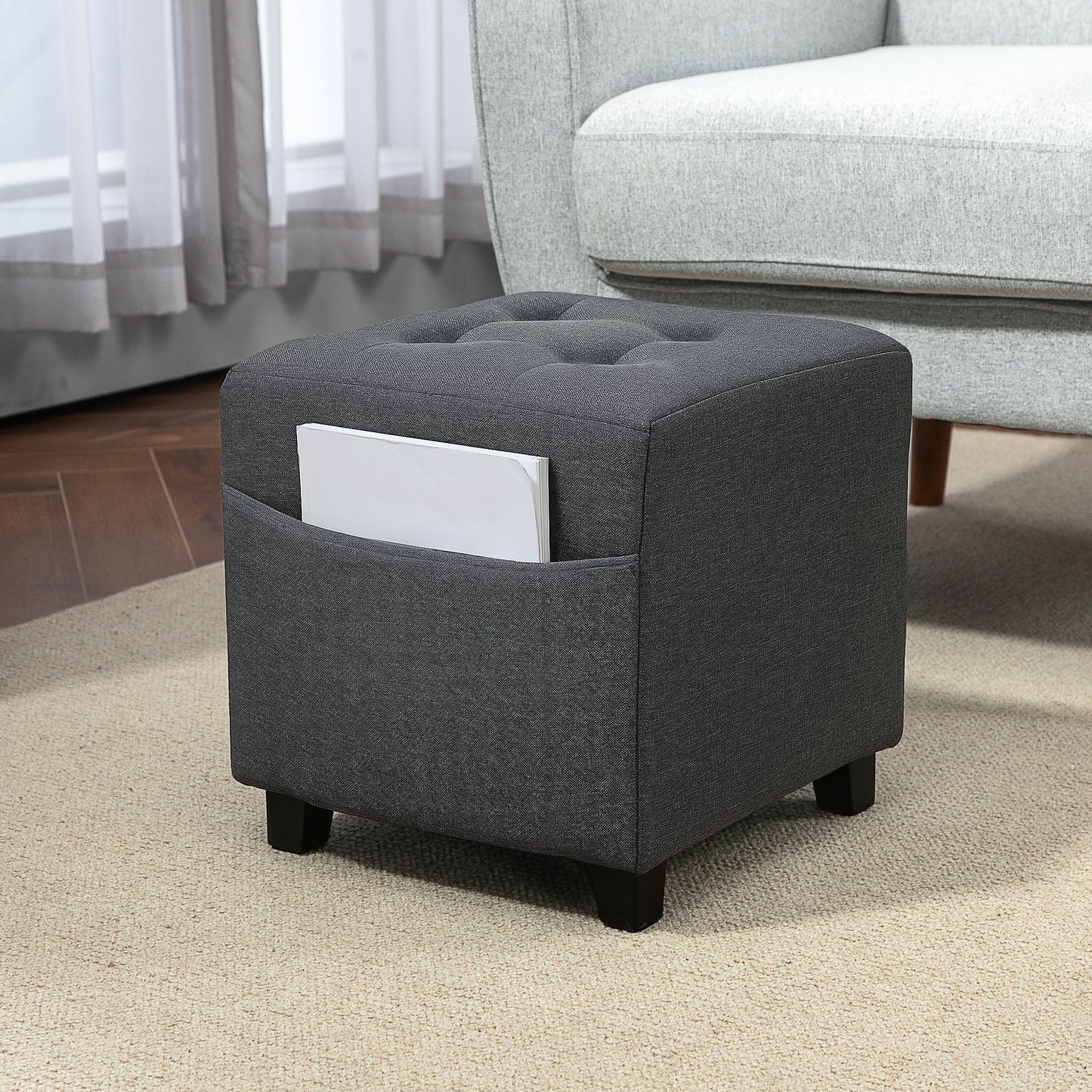 Small Footstool Square Ottoman with Padded Seat for Living Room Grey