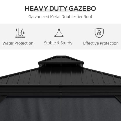 3 x 3.7m Outdoor Hardtop Gazebo Canopy Aluminum Frame with 2-Tier Roof & Mesh Netting Sidewalls for Patio, Grey