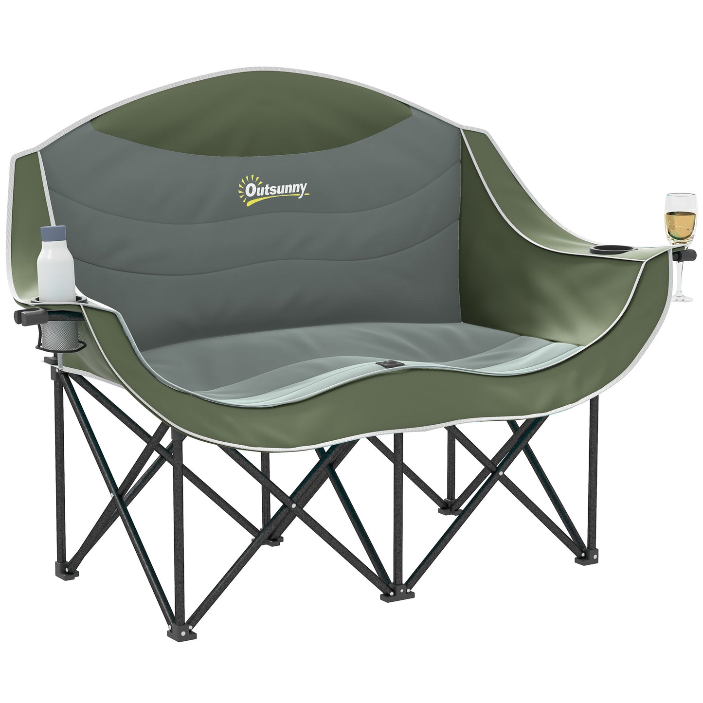 Double Camping Chair for Adults with Armrests, Cup Holders, Green