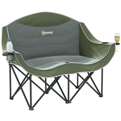 Double Camping Chair for Adults with Armrests, Cup Holders, Green
