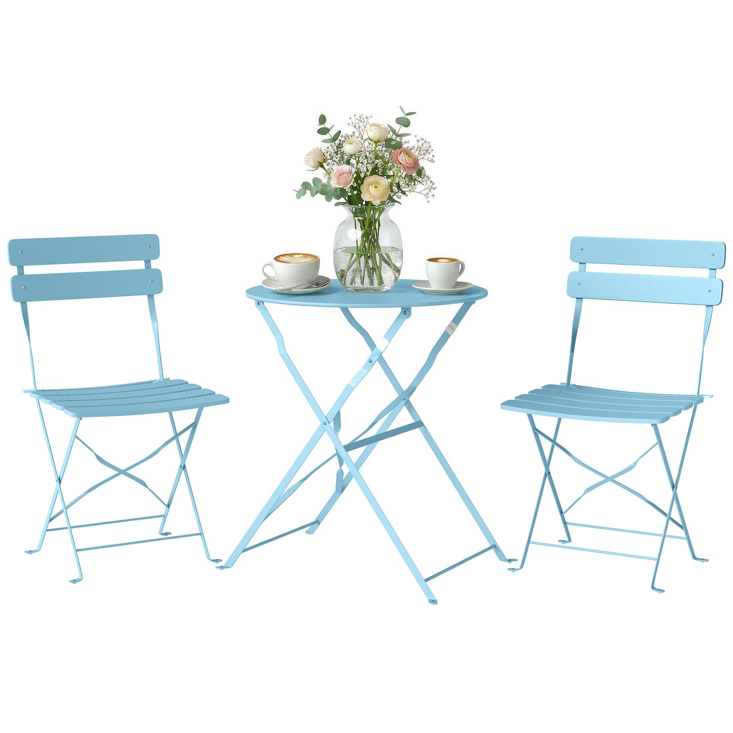 Folding Bistro Set with Round Garden Table and Chairs, Light Blue