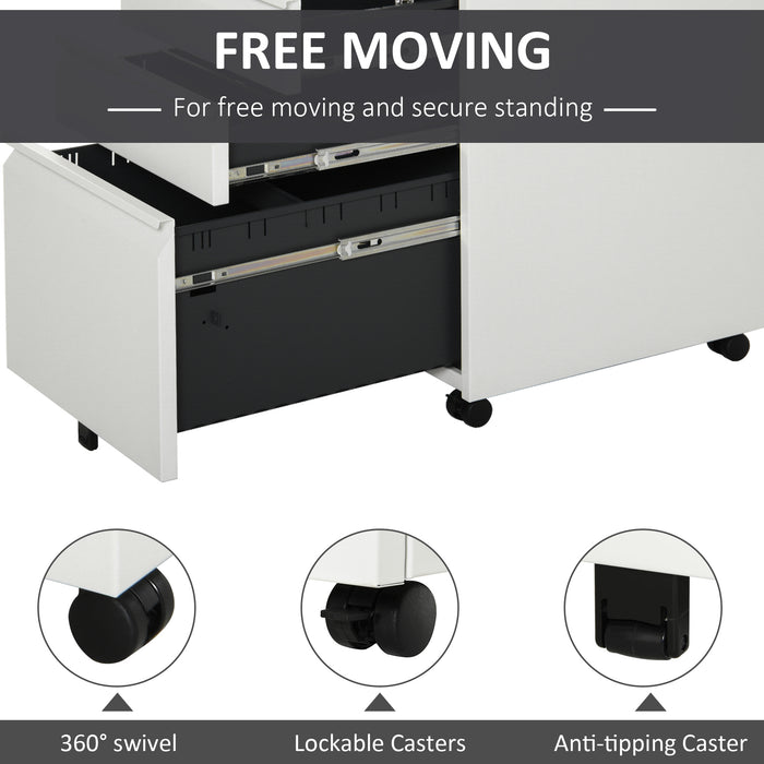 3-Drawer Mobile Vertical File Cabinet, Lockable Mobile Vertical File Cabinet, Under Desk Rolling Storage Cabinet, White