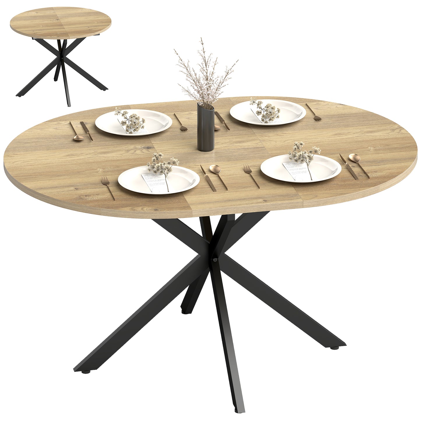 Extendable Dining Table for 4-6 with X-Shape Base, Natural Wood
