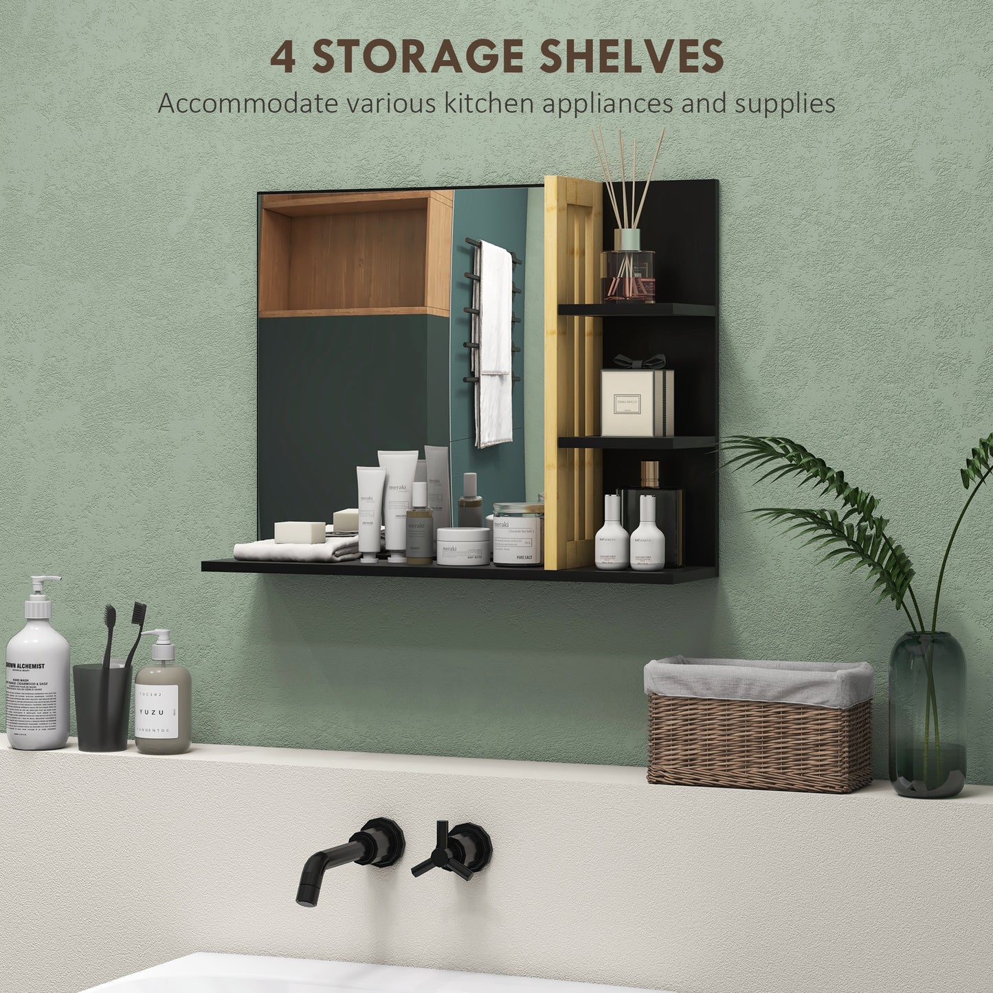 Bathroom Mirror Wall Mount Vanity Mirror with 4 Storage Shelves, Black