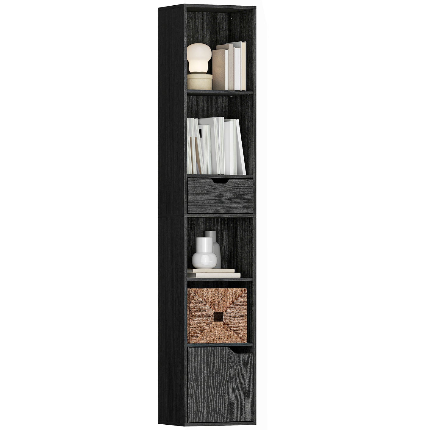 Narrow Bookshelf with Drawer, Tall Bookcase for Living Room, Black