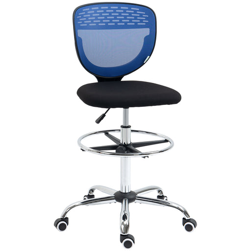 Drafting Chair, Swivel Office Draughtsman Chair, Mesh Standing Desk Chair with Lumbar Support, Adjustable Foot Ring, Armless, Blue