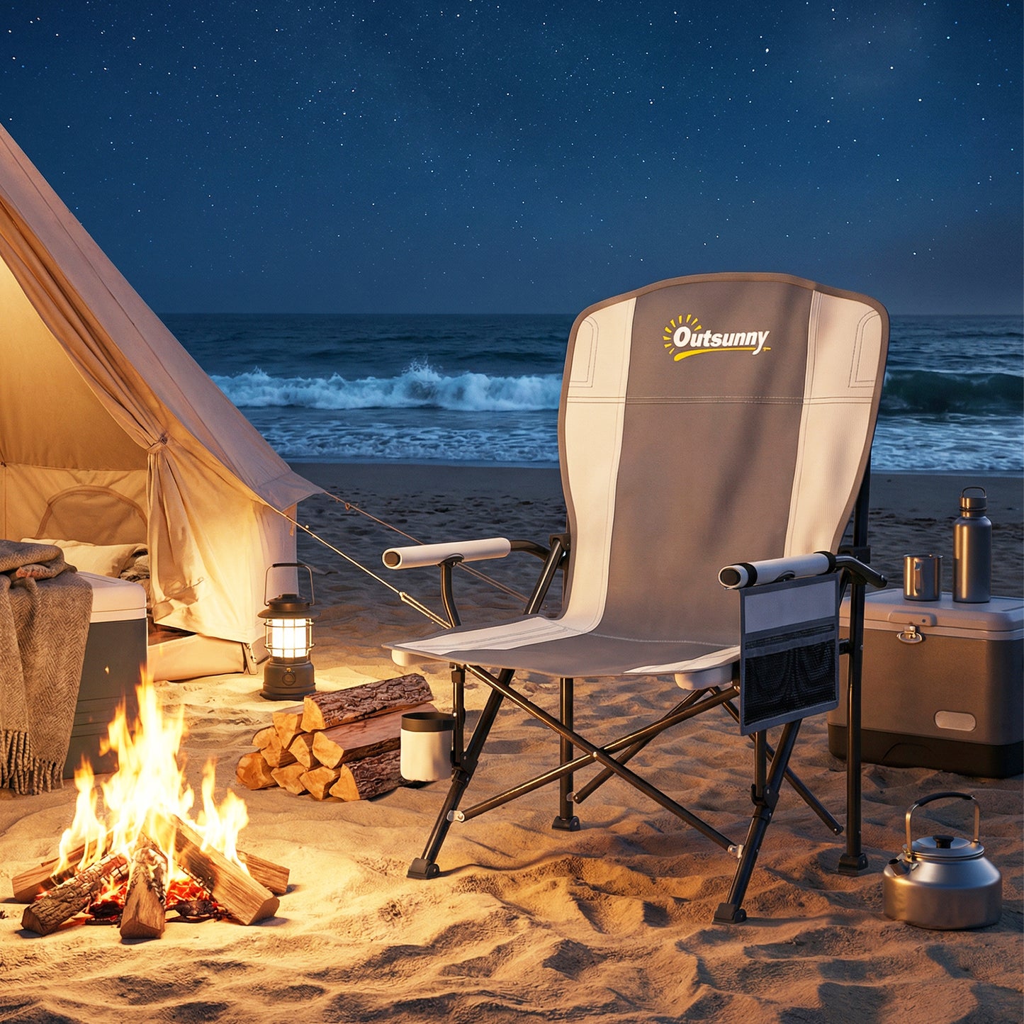 Camping Chair Padded with Side Pocket Light Grey