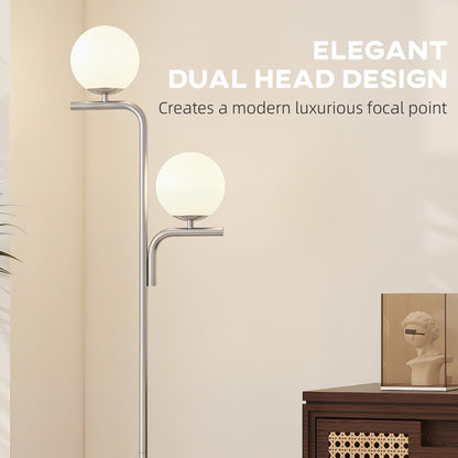 LED Floor Lamp, Modern Standing Lamp with 3 Colour Temperatures, Globe Glass Shades and Foot Switch, for Living Room Bedroom Home Office, Silver Tone