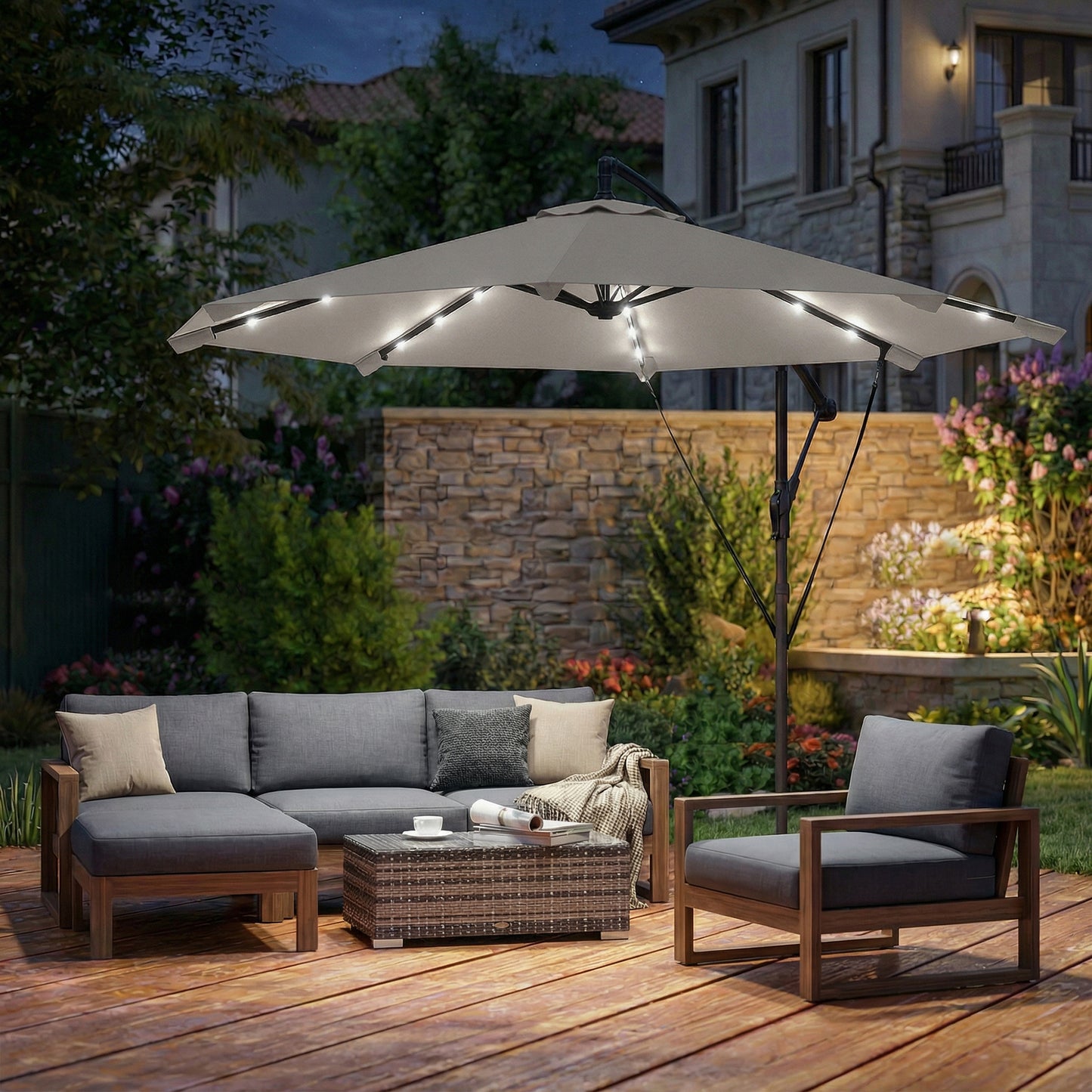 3 m Cantilever Parasol Solar LED Lights, Light Grey