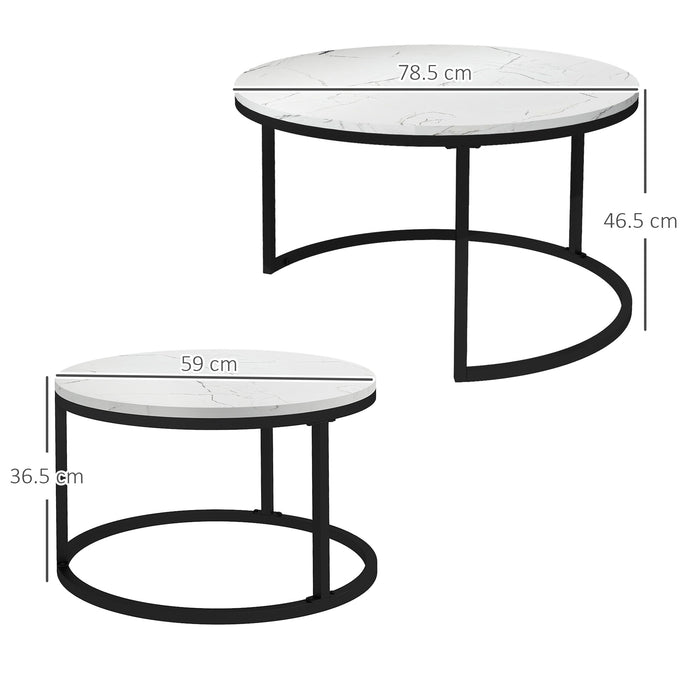 2 Pcs Stacking Coffee Table Set Steel Frame Marble-Effect Top Foot Pads