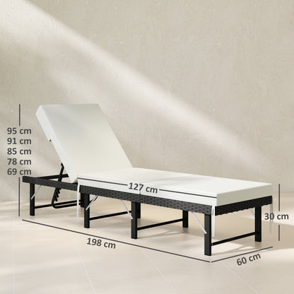 Folding Rattan Sun Lounger with Adjustable Back, Cushion, Black