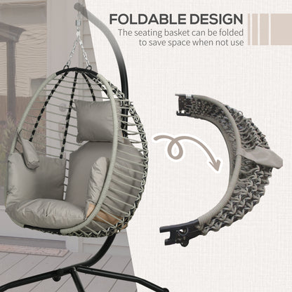 Outdoor Swing Chair with Thick Padded Cushion, Patio Hanging Chair w/ Metal Stand, Foldable Basket, Cup Holder, Rope Structure