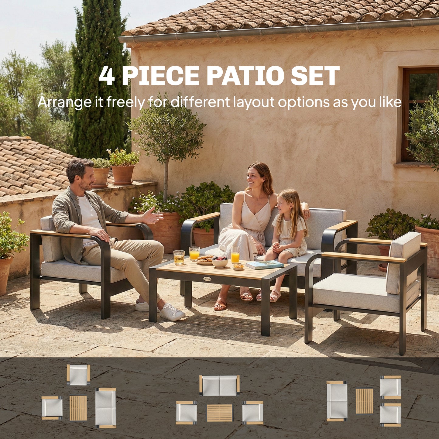 4 Seater Aluminium Garden Furniture Set with Olefin Cushions, Beige