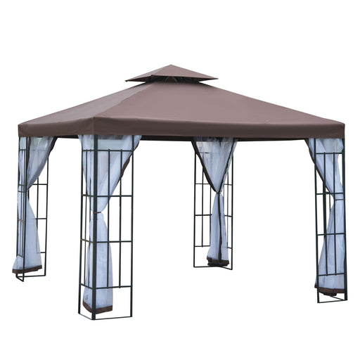 3 x 3(m) Patio Gazebo Canopy Garden Pavilion Tent Shelter with 2 Tier Roof and Mosquito Netting, Steel Frame, Coffee