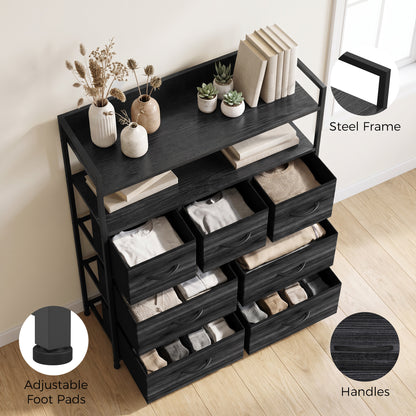 7-Drawer Fabric Chest with 2 Shelves and Steel Frame - Black Wood Effect