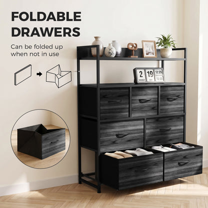 7-Drawer Fabric Chest with 2 Shelves and Steel Frame - Black Wood Effect