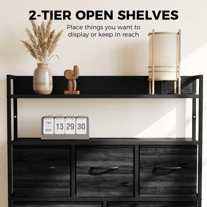 7-Drawer Fabric Chest with 2 Shelves and Steel Frame - Black Wood Effect