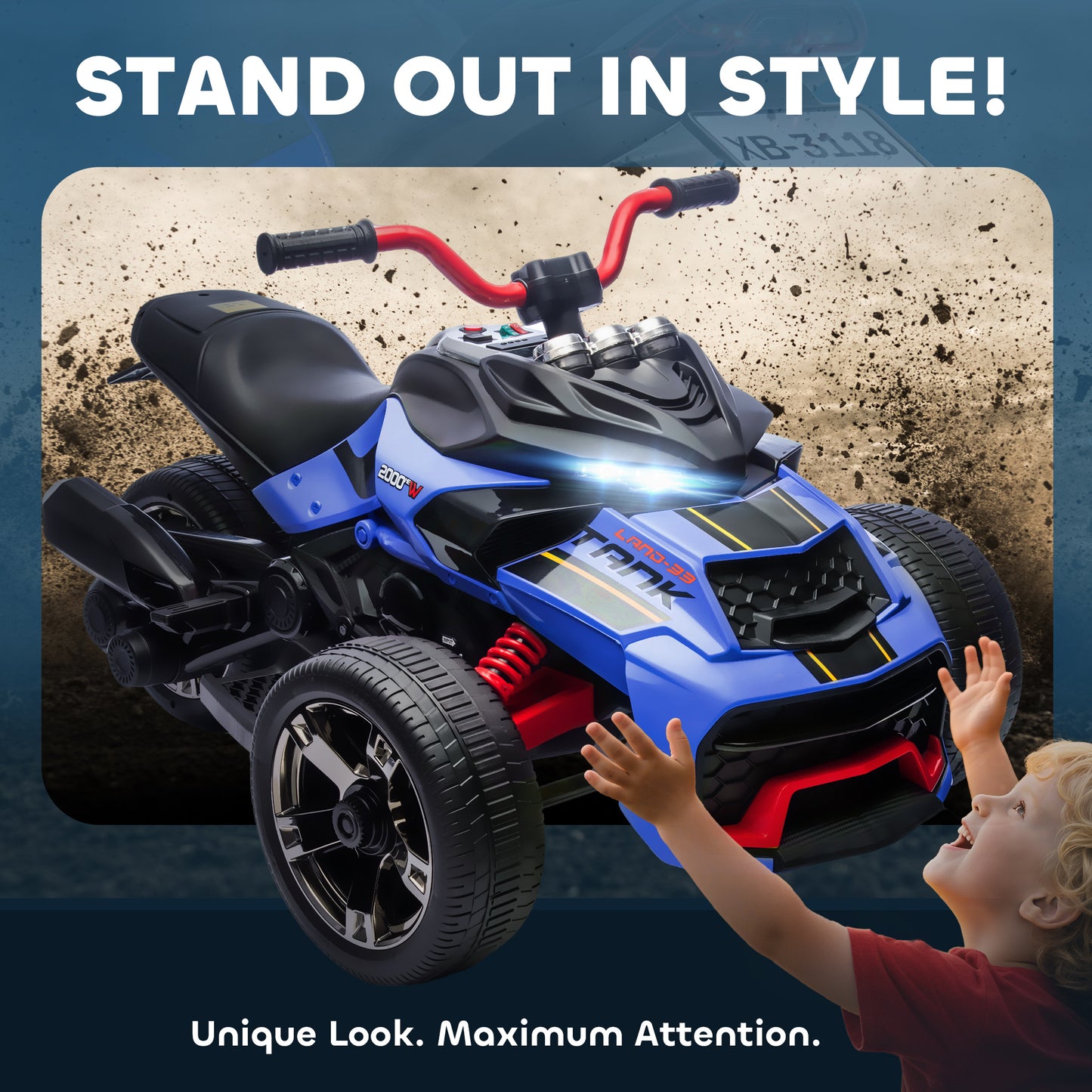 12V Kids Electric Ride On Car, Battery Powered Ride On ATV, Blue