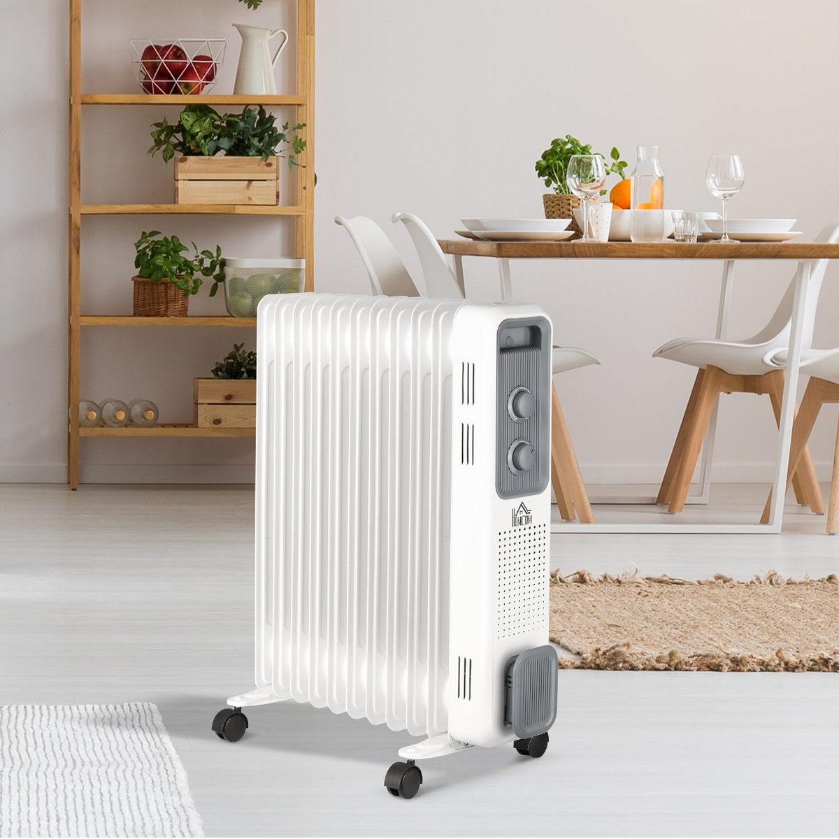 2500W 11-Fin Oil-Filled Radiator with Thermostat and 3 Heat Settings - White