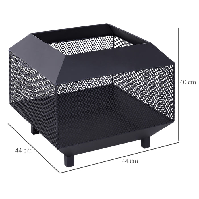 Metal Square Fire Pit Outdoor Mesh Firepit Brazier w/ Lid, Log Grate, Poker for Backyard, Camping, Wood Burning Stove, 44 x 44 x 40cm, Black