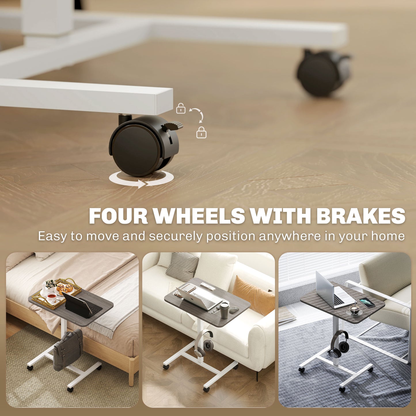 Standing Desk Mobile Overbed Table w/ Wheels for Home Office Grey