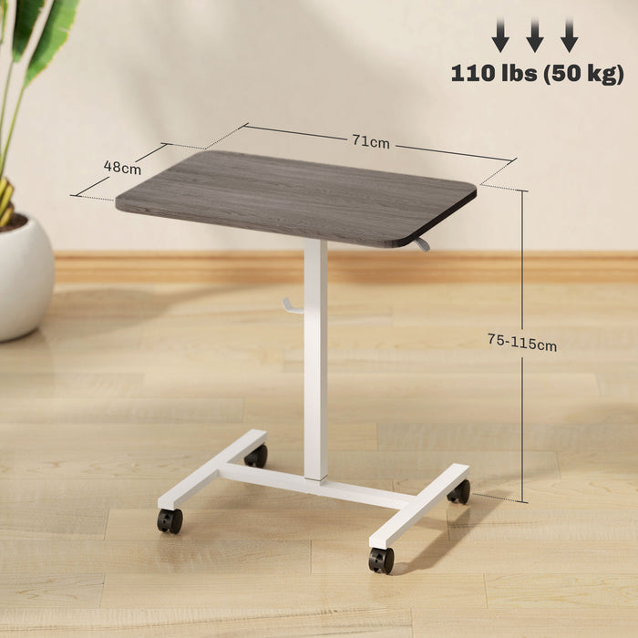 Height Adjustable Standing Desk, Pneumatic Sit Stand Desk for Laptop, Mobile Overbed Table with Wheels and Headphone Hook for Home Office, Grey