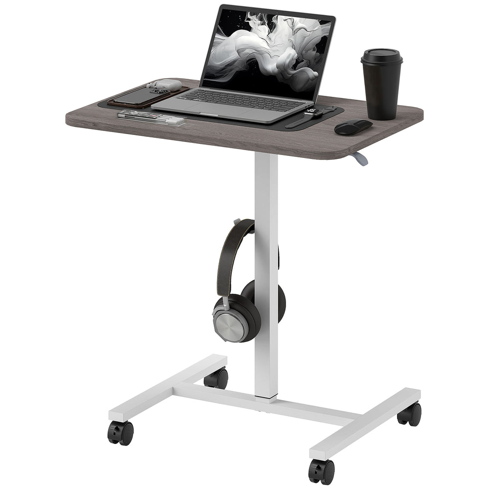 Height Adjustable Standing Desk, Pneumatic Sit Stand Desk for Laptop, Mobile Overbed Table with Wheels and Headphone Hook for Home Office, Grey