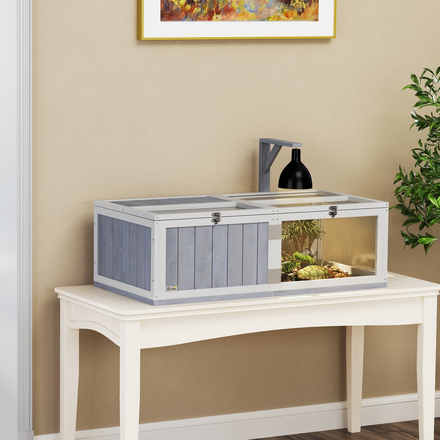 Wooden Tortoise House with Lamp Holder, Clear Windows