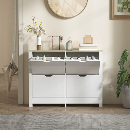 16-Shoe Storage Cabinet 4 Shelves 4 Drawers Tabletop White