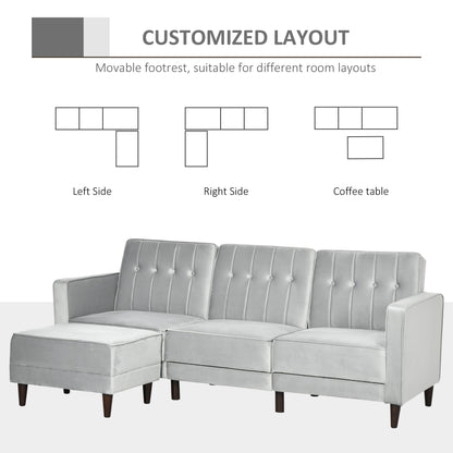 L Shape Sofa Bed Set with 3-Seater Sofa and Footstool, Corner Sofa Bed with Ottoman, Grey
