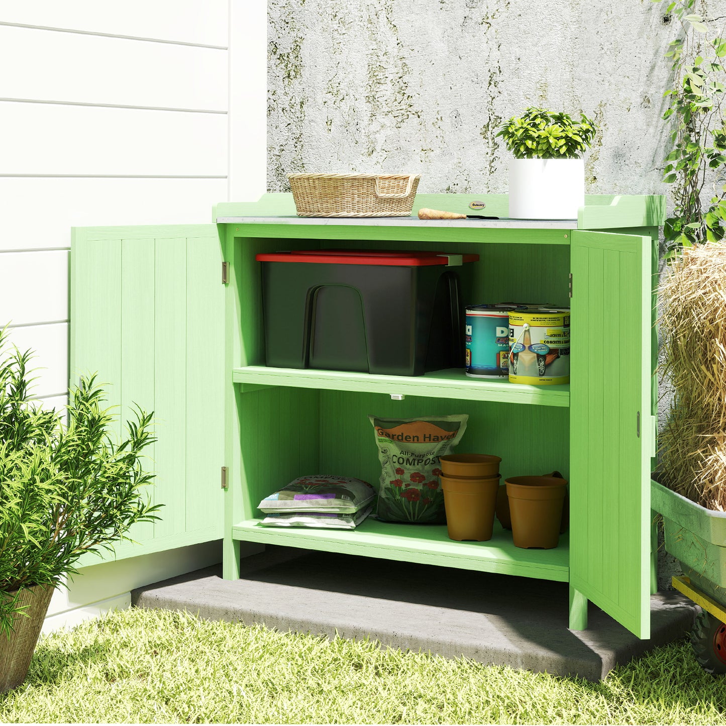 Garden Storage Cabinet Potting Bench Table W/ galvanised Top Green