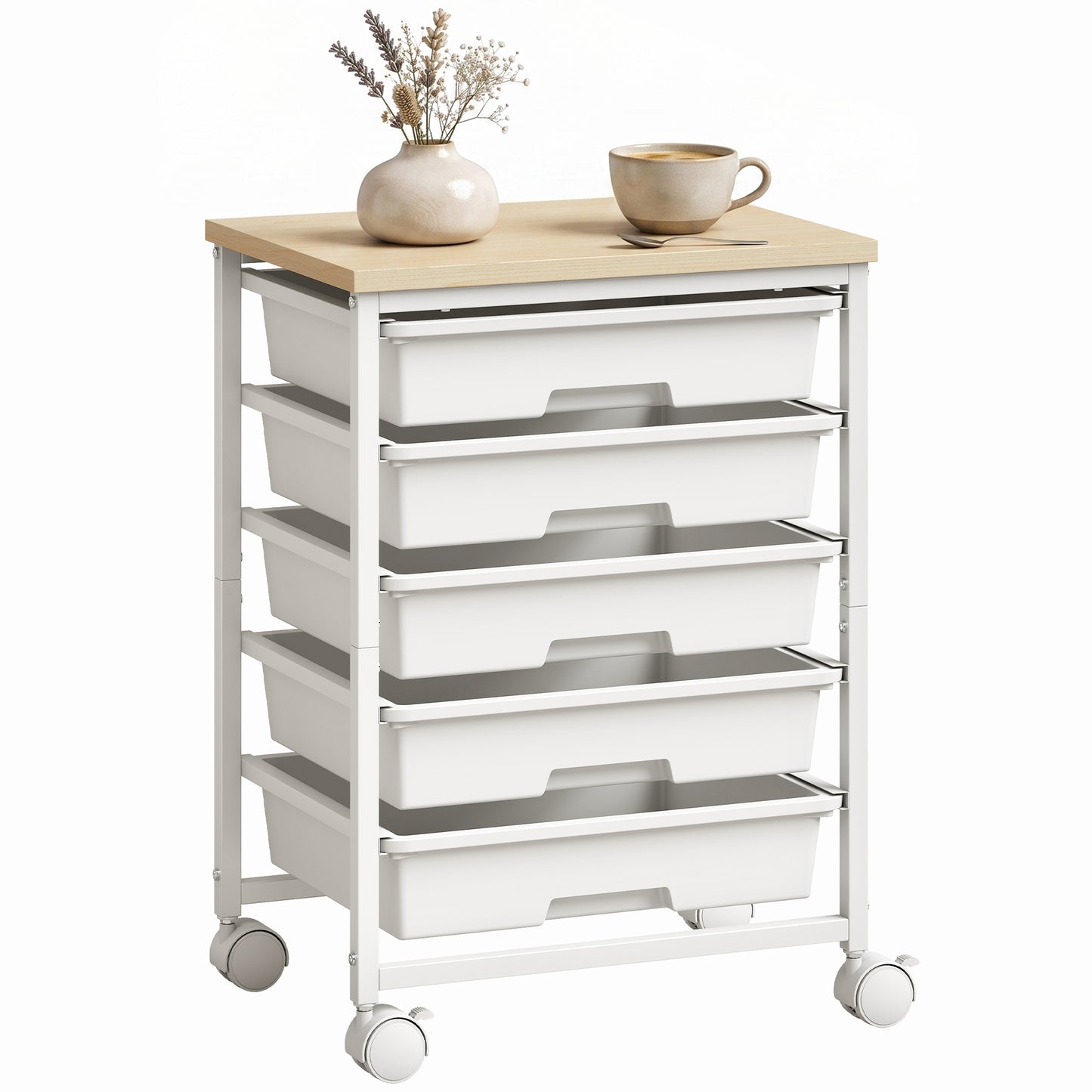 6-Tier Storage Trolley on Wheels with 5 Pull-Out Drawers, White