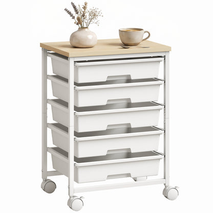 6-Tier Storage Trolley on Wheels with 5 Pull-Out Drawers, White