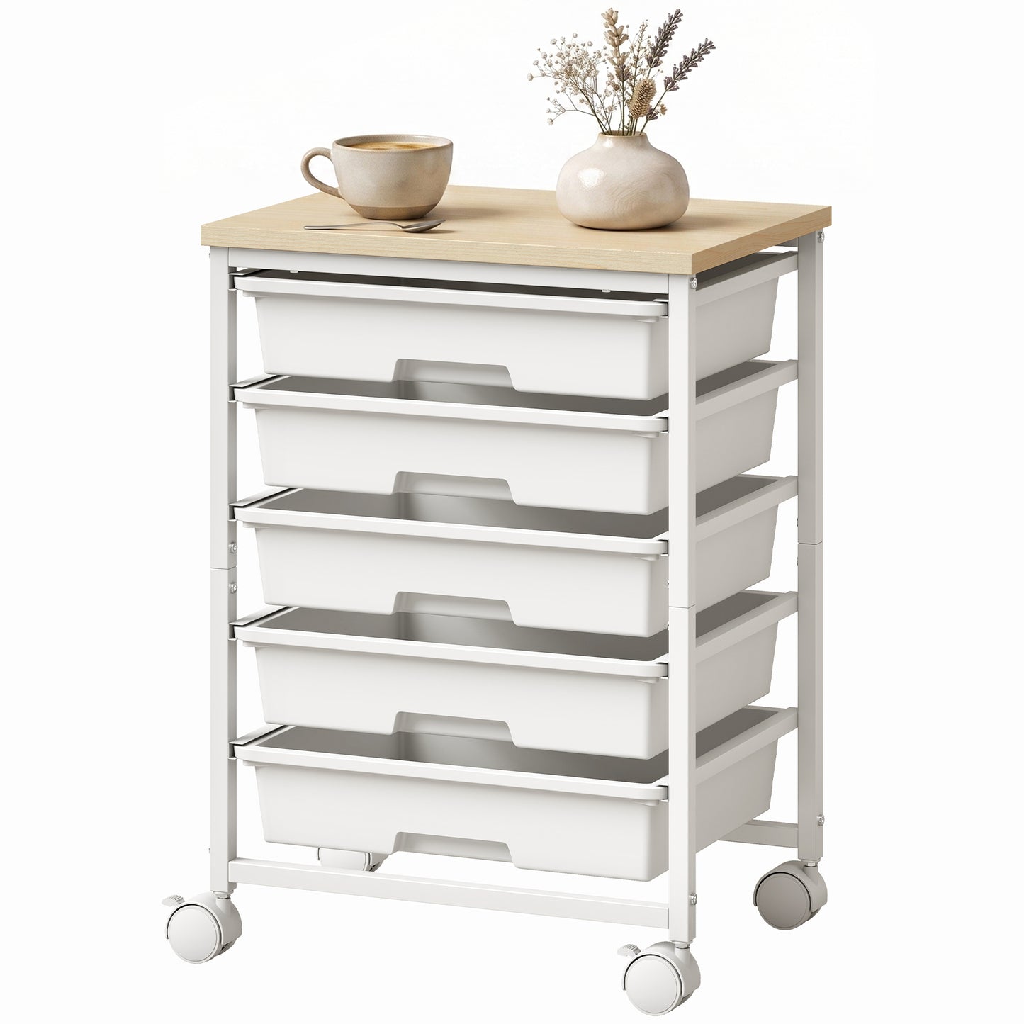 6-Tier Storage Trolley on Wheels with 5 Pull-Out Drawers, White