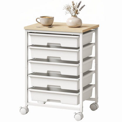 6-Tier Storage Trolley on Wheels with 5 Pull-Out Drawers, White