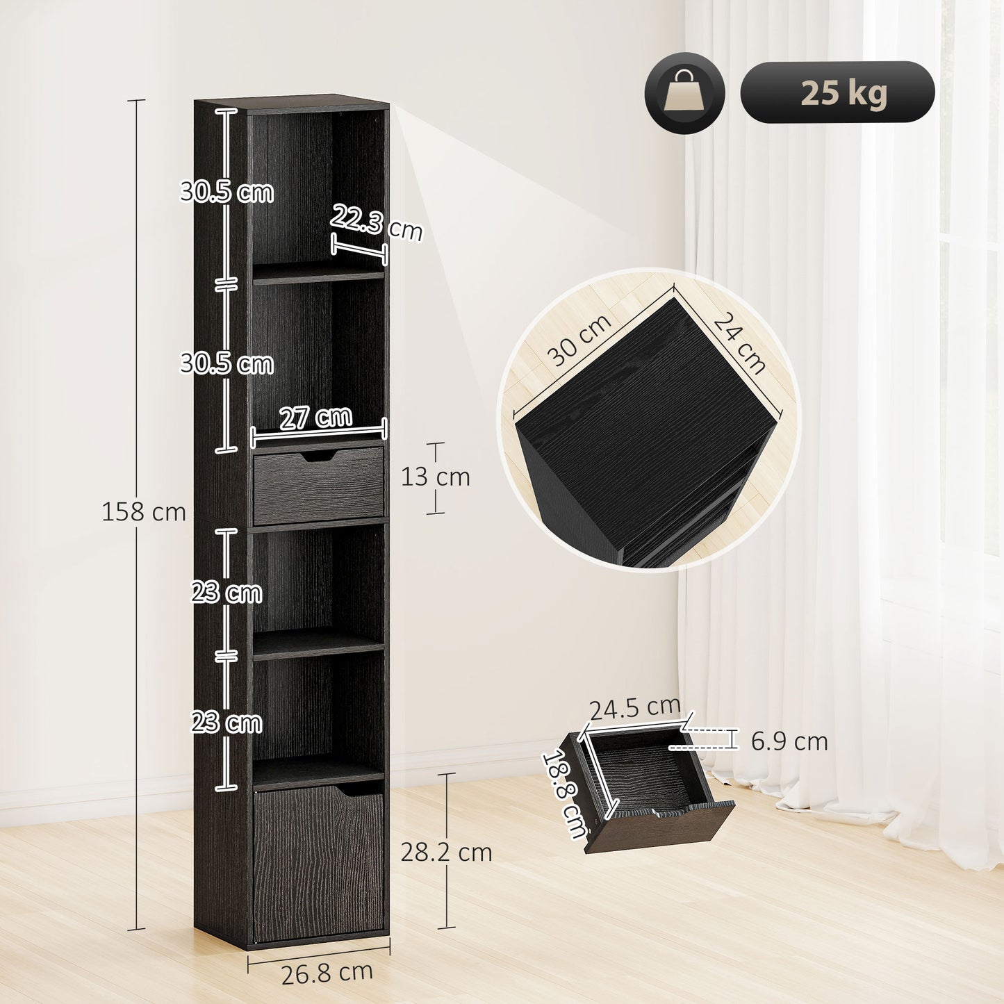 Narrow Bookshelf with Drawer, Tall Bookcase for Living Room, Black