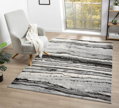 Obsidian Modern Low Pile Area Rug - Coast Waves Abstract Design