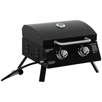 Portable Tabletop Gas BBQ Grill Barbecue w/ 2 Burner Lid Thermometer