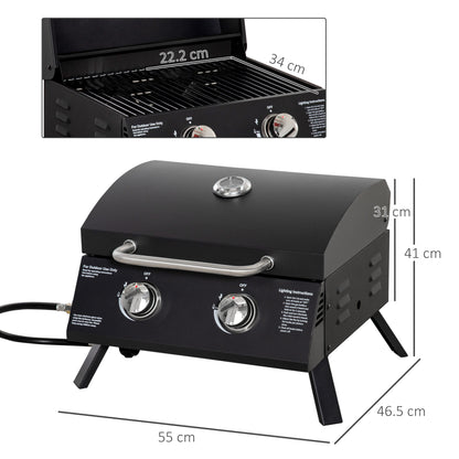 Portable Tabletop Gas BBQ Grill Barbecue w/ 2 Burner Lid Thermometer