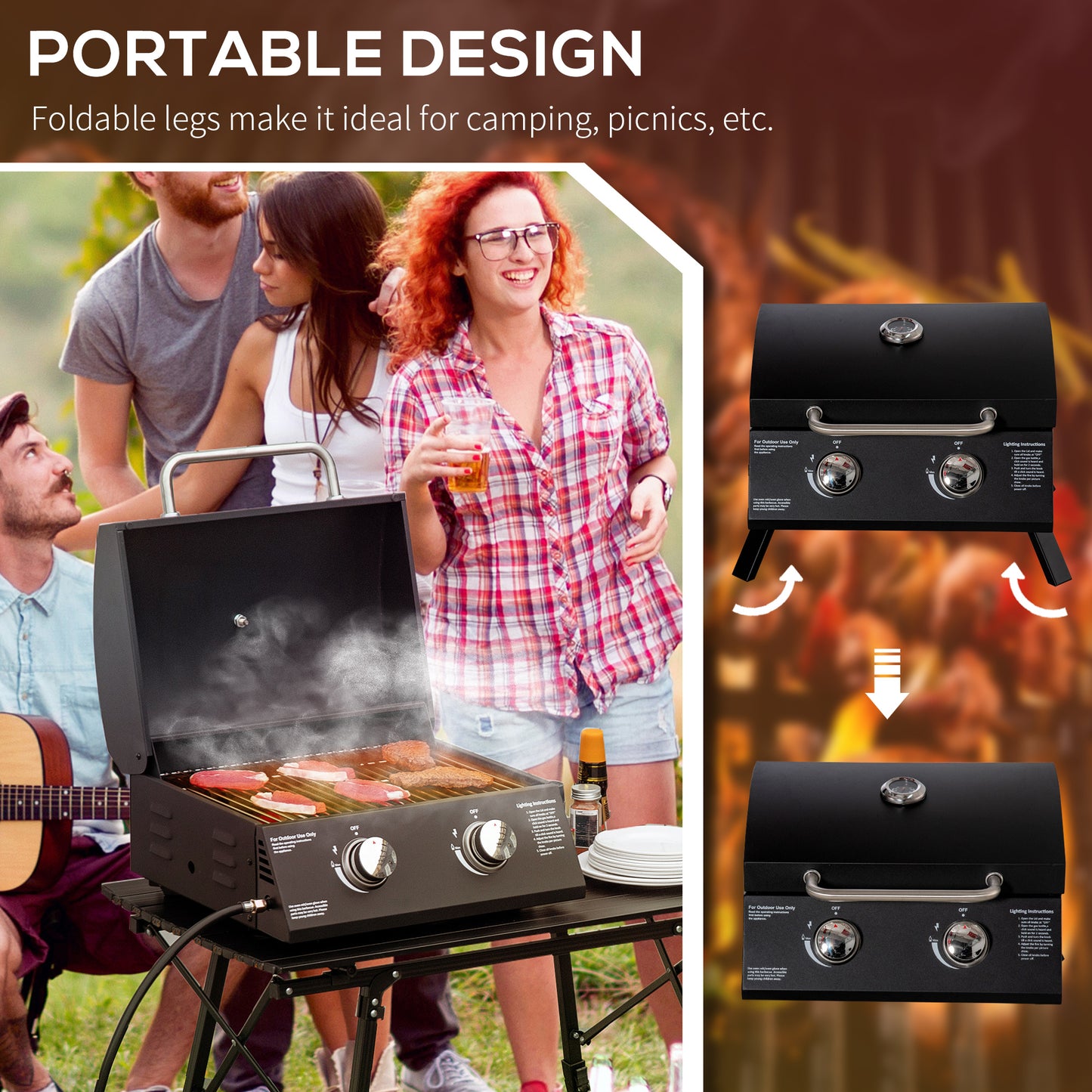 Portable Tabletop Gas BBQ Grill Barbecue w/ 2 Burner Lid Thermometer